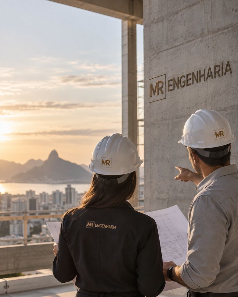 Dupla de engenheiros da MR conferindo projeto em obra, ao entardecer