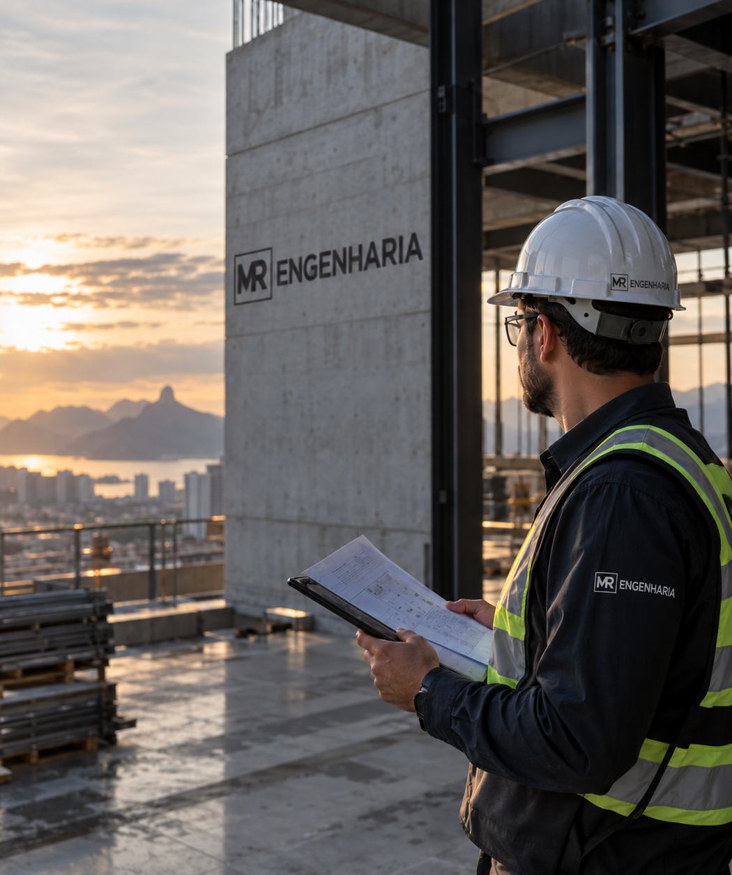 Engenheiro da MR analisando projeto em obra, ao entardecer